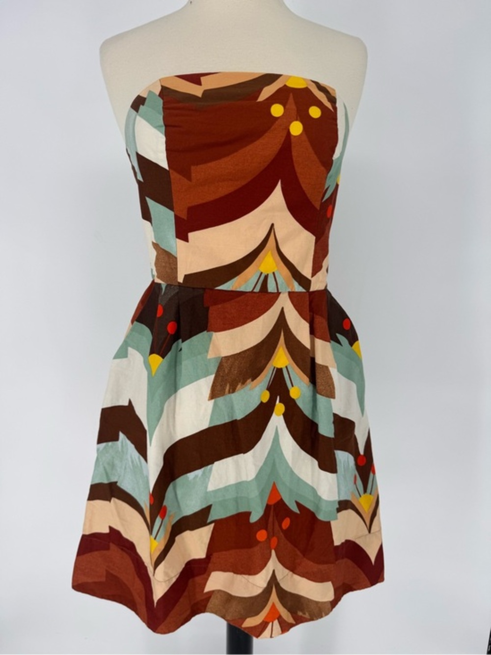 FARM Rio retro whimsy Strapless A-Line Dress in Brown, Teal, Cream & Mustard